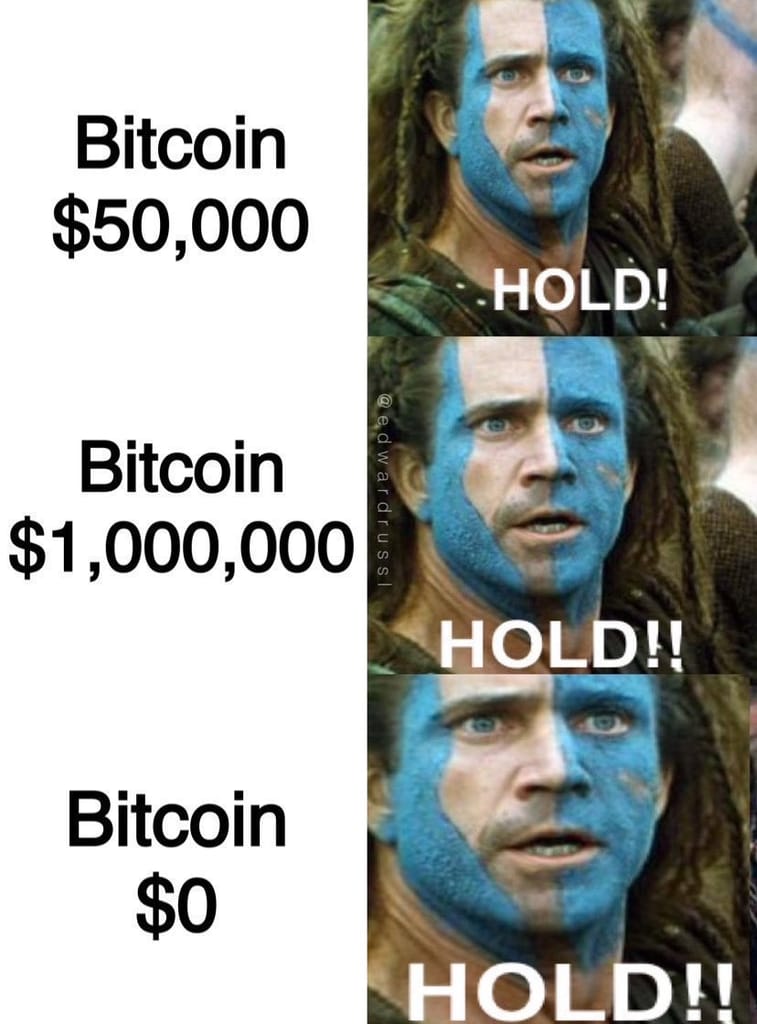 Meme about the determination to hold onto Bitcoin regardless of its market value.