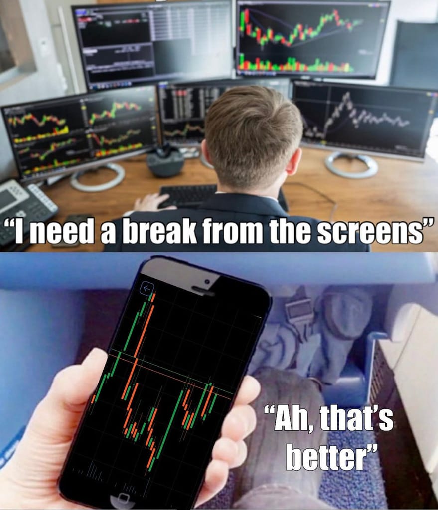 Meme about needing a break from multiple screens but using a phone instead. Meme about needing a break from multiple screens but using a phone instead.