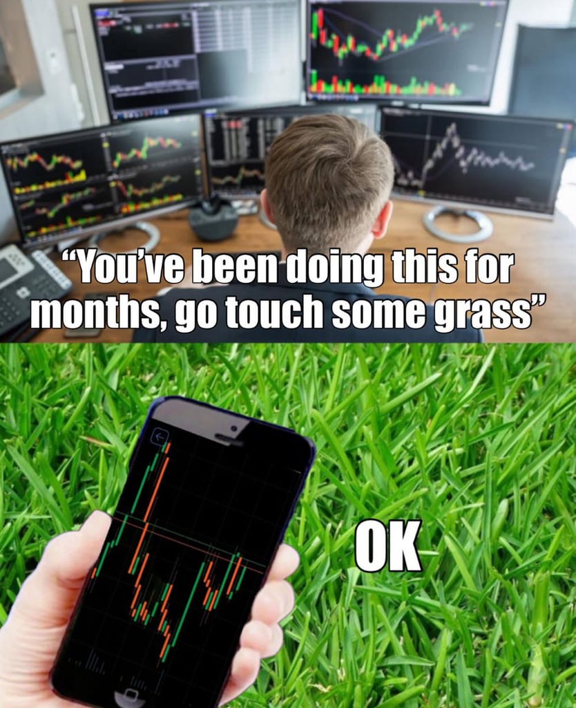 Meme about balancing work and relaxation in the context of trading.