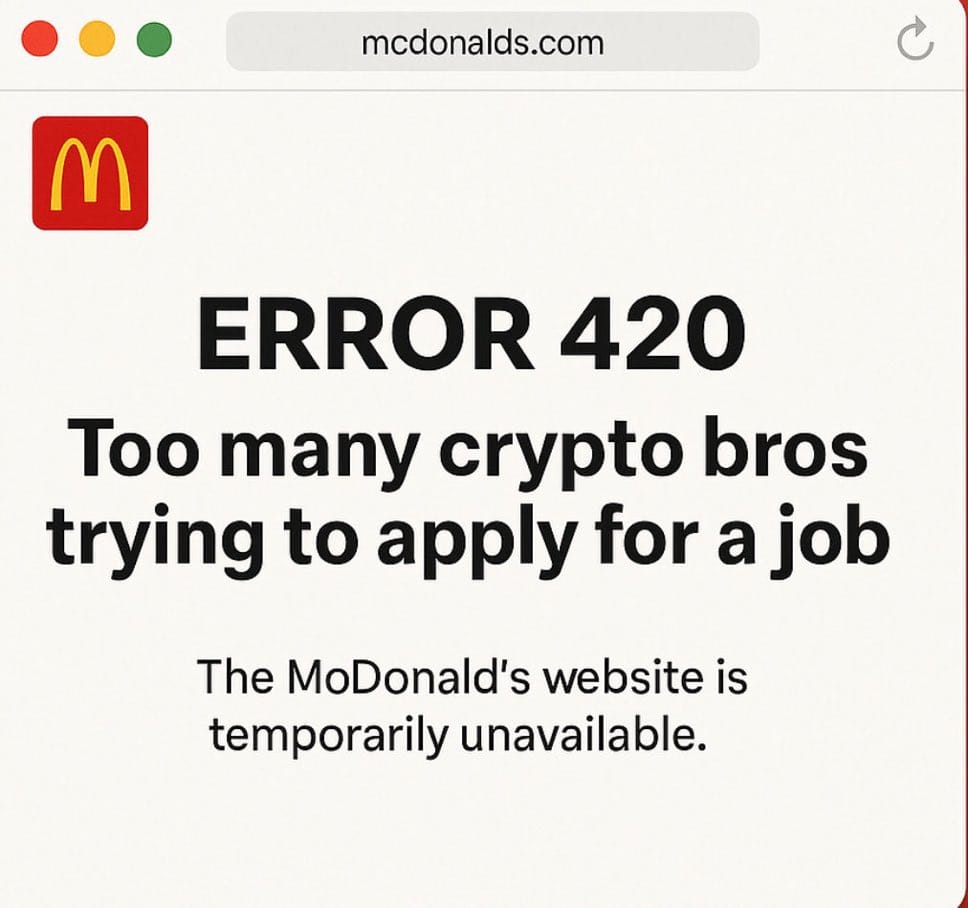 Meme about a website error due to the popularity of crypto job applications.
