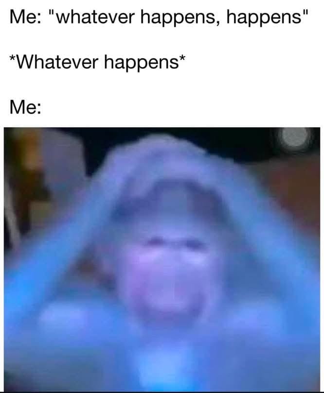 Meme about the irony of saying "whatever happens" and panicking at the consequences.