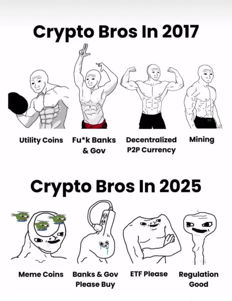 Meme about the evolving attitudes of crypto enthusiasts from 2017 to 2025.
