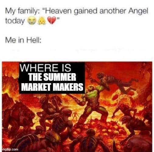 Meme about contrasting family sentiments with a humorous twist on market frustrations.