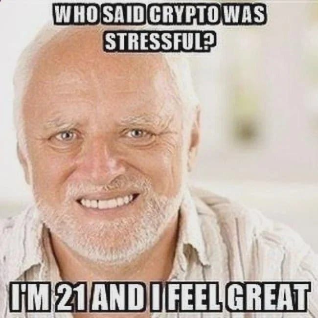 Meme about the humorous stress of cryptocurrency trading and age perceptions.