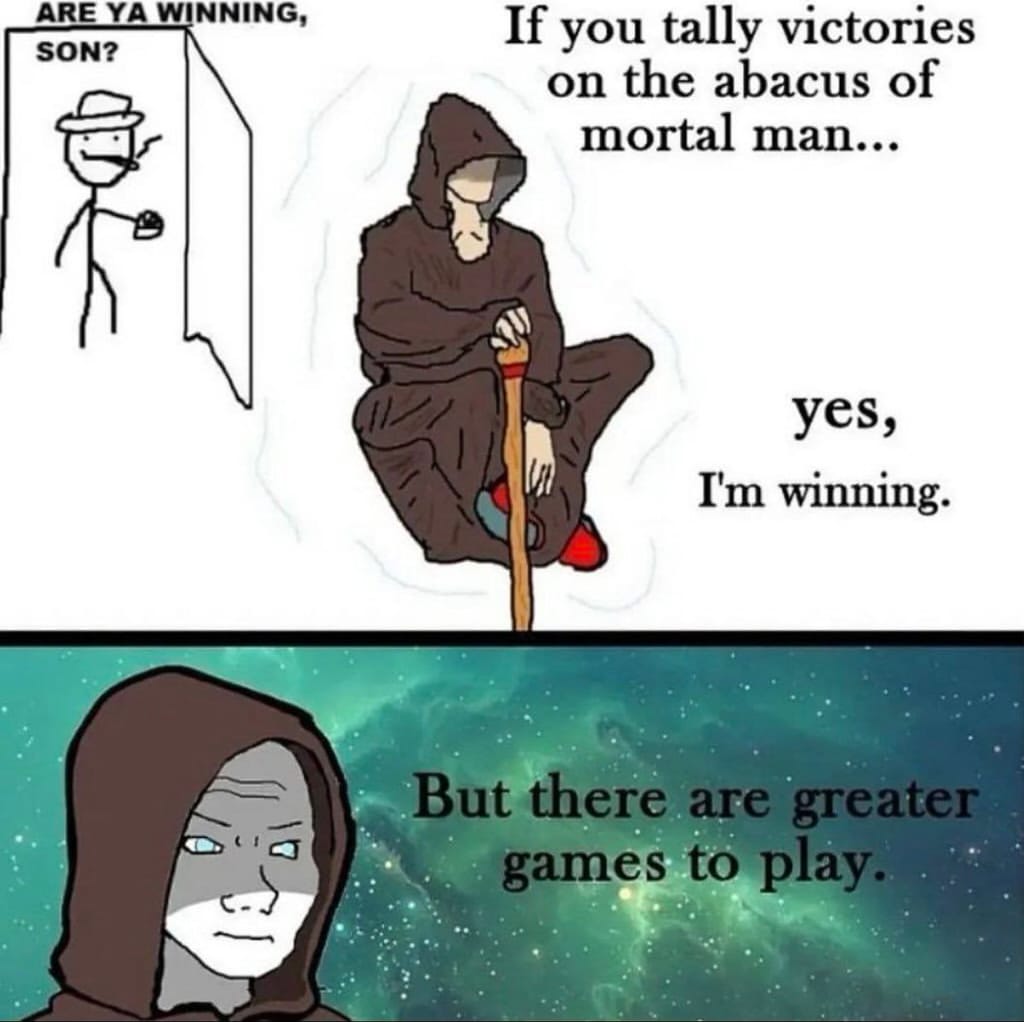 Meme about existential reflection on success and life's greater challenges.