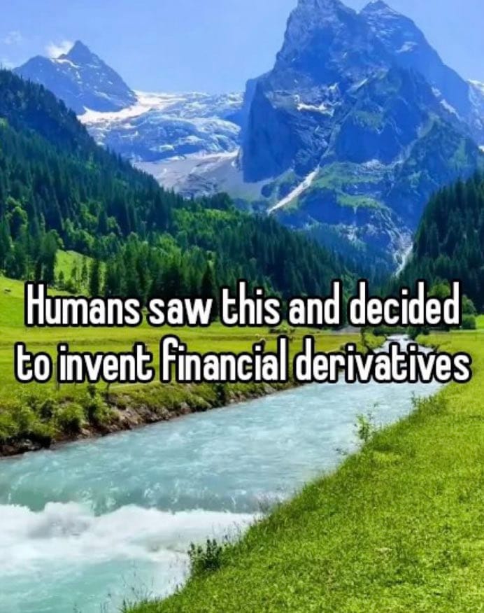 Meme about the absurdity of human innovation contrasted with nature's beauty.