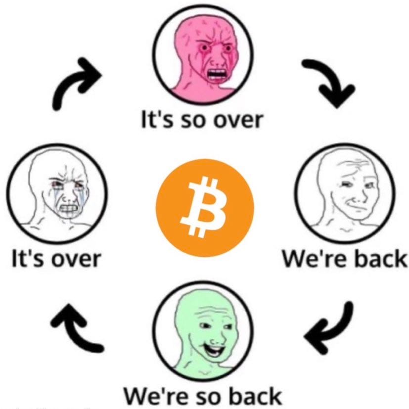 Meme about the cyclical optimism and despair in cryptocurrency markets.