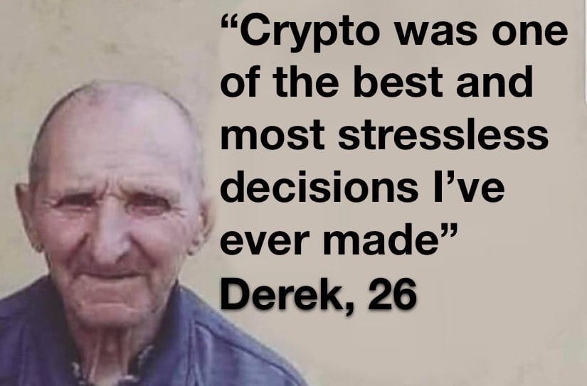 Meme about the irony of youthful advice from an older-looking person on cryptocurrency.