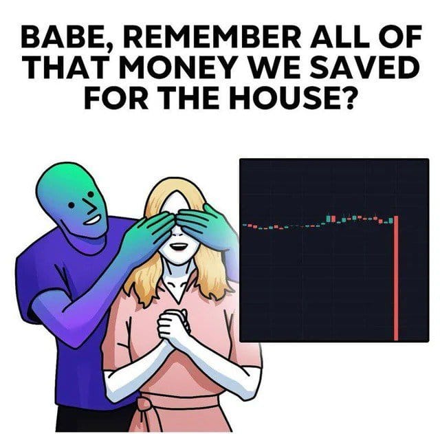 Meme about financial losses affecting plans for a house.