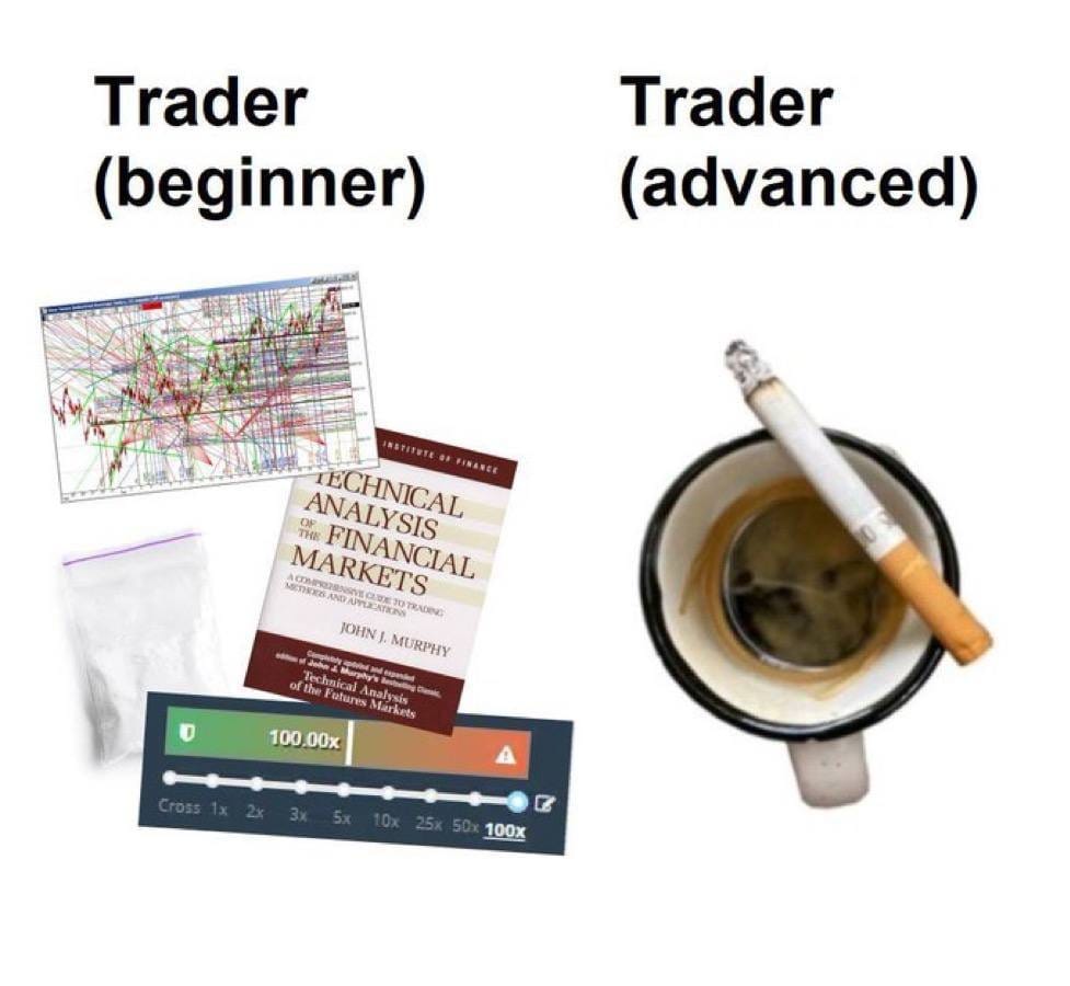 Meme about the contrasting lifestyles of beginner and advanced traders.