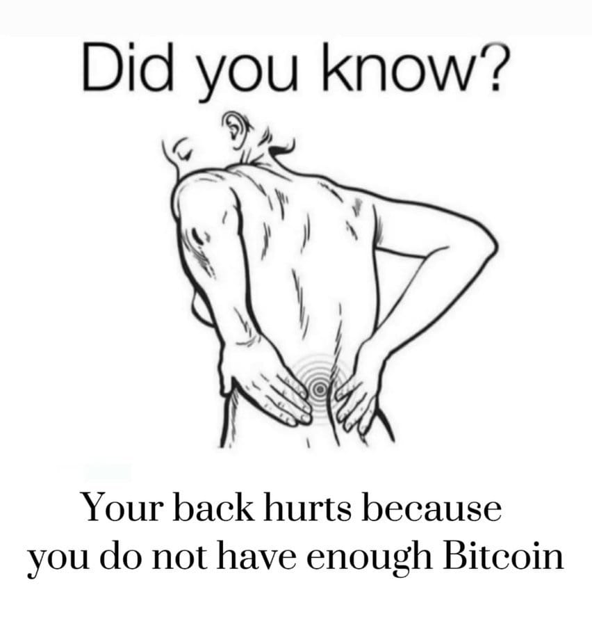 Meme about back pain humor related to lacking Bitcoin wealth.