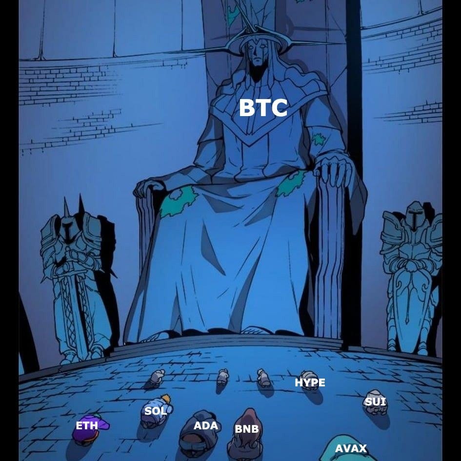 Meme about Bitcoin's dominance over other cryptocurrencies in a humorous manner.