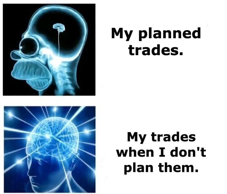 Meme about the difference between planned and impulsive decisions in trading.