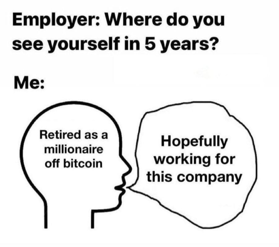 Meme about job interviews and unrealistic future aspirations involving cryptocurrency. Meme about job interviews and unrealistic future aspirations involving cryptocurrency.