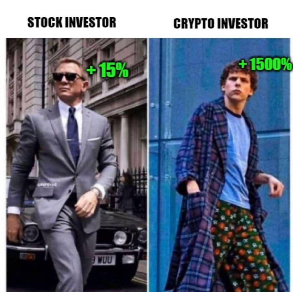 Meme about contrasting lifestyles and profits of stock vs. crypto investors.