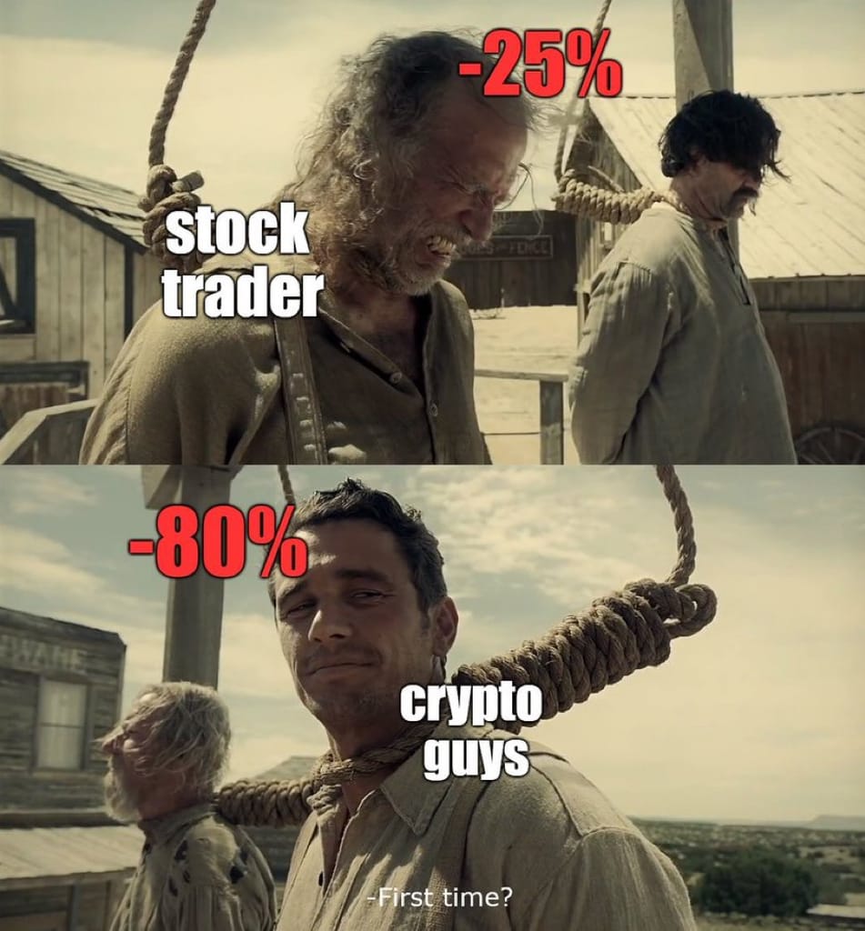 Meme about the drastic losses in investment, comparing stock traders and crypto investors.