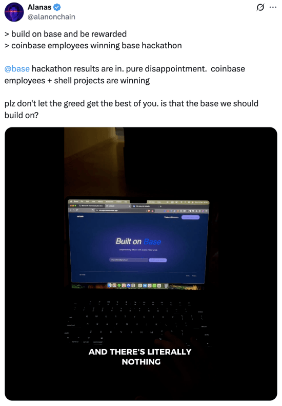 Alanonchain's tweet about the Base hackathon being rigged