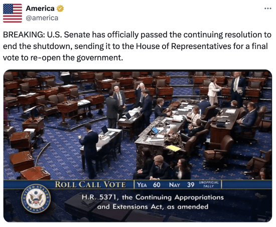 America's tweet about government shutdown coming to an end