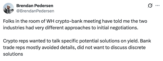 Brendan Pedersen's tweet about White House stablecoin meeting