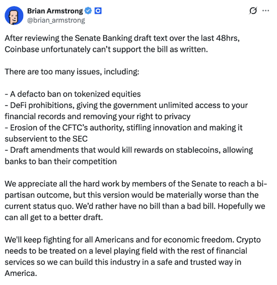 Brian Armstrong's tweet about the CLARITY Act
