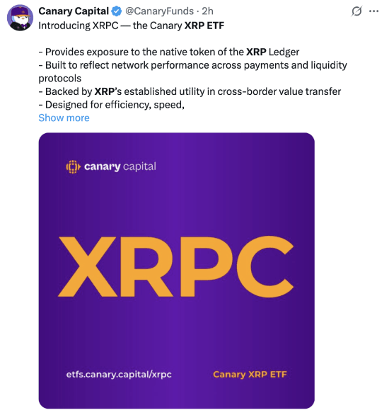 Canary Capital's tweet about XRPC