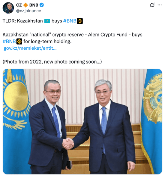 CZ's tweet about Kazakhstan buying BNB