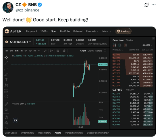 CZ's tweet about Aster