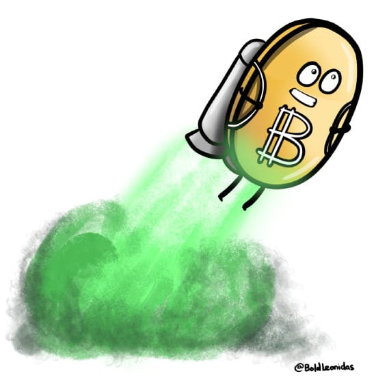 Drawing of Bitcoin with a jet pack