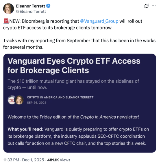 Eleanor Terrett's tweet about Vanguard crypto ETFs