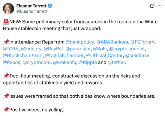 Eleanor Terrett's tweet about White House stablecoin meeting