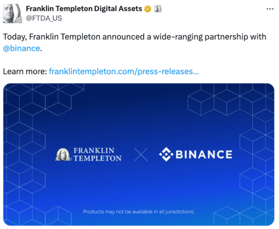Franklin Templeton tweet about Binance partnership