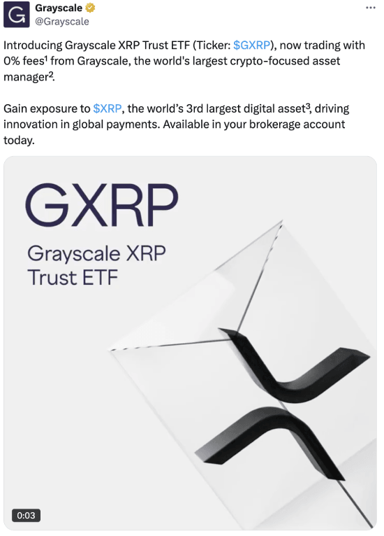 Grayscale's tweet introducing XRP ETF