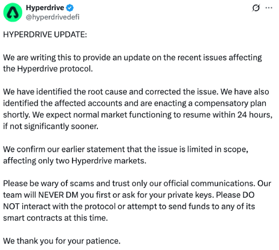 Hyperdrive's tweet about the protocol's hack