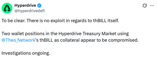Hyperdrive's tweet clarifying that thBILL hasn't been exploited