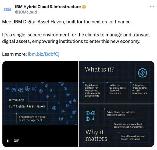 IBM's tweet about their Digital Asset Haven