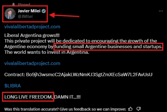 Javier Milei's post promoting a memecoin