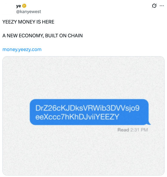 Kanye West tweet about the YZY memecoin
