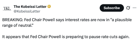 Kobeissi Letter tweet about Fed rate cut