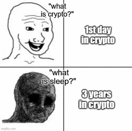 Meme about your 1st day vs. 3 years in crypto