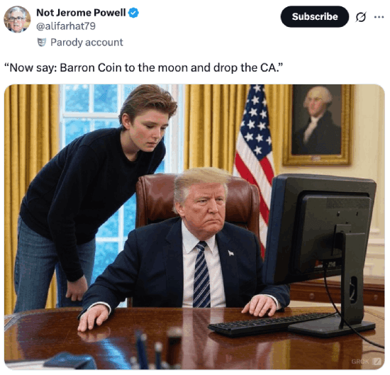 Meme about Barron Trump telling Donald to shill his coin