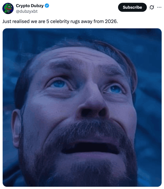 Meme about being 5 celebrity rugs away from 2026