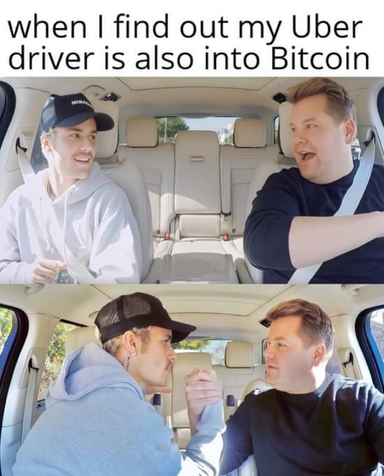Meme about bonding with your Uber driver over Bitcoin