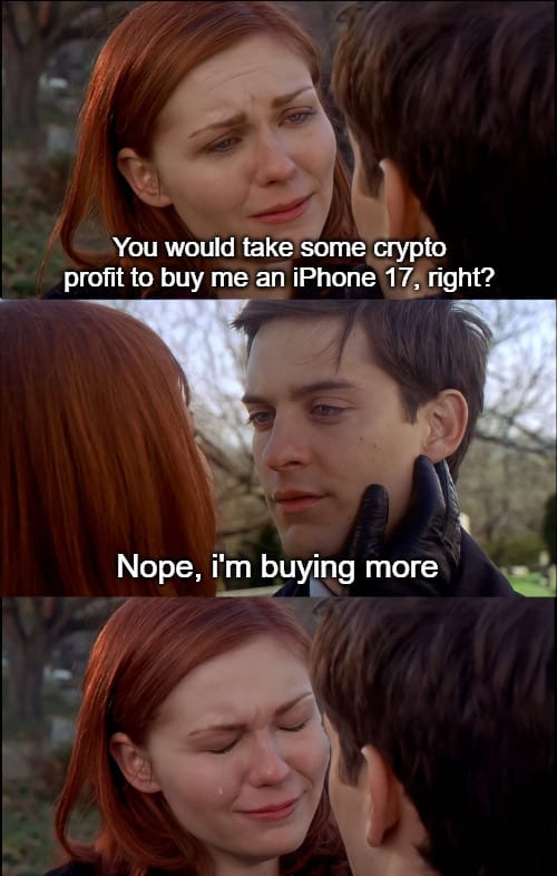 Meme about buying more crypto instead of an iPhone 17