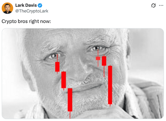 Meme about crypto bros crying red candles