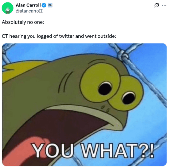 Meme about crypto Twitter hearing you went outside