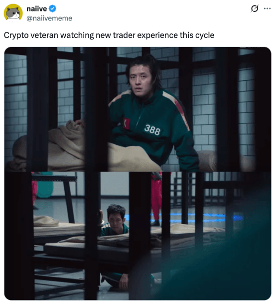 Meme about crypto veteran watching a new trader