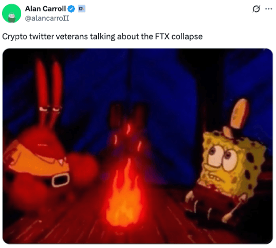 Meme about crypto veterans talking about the FTX collapse