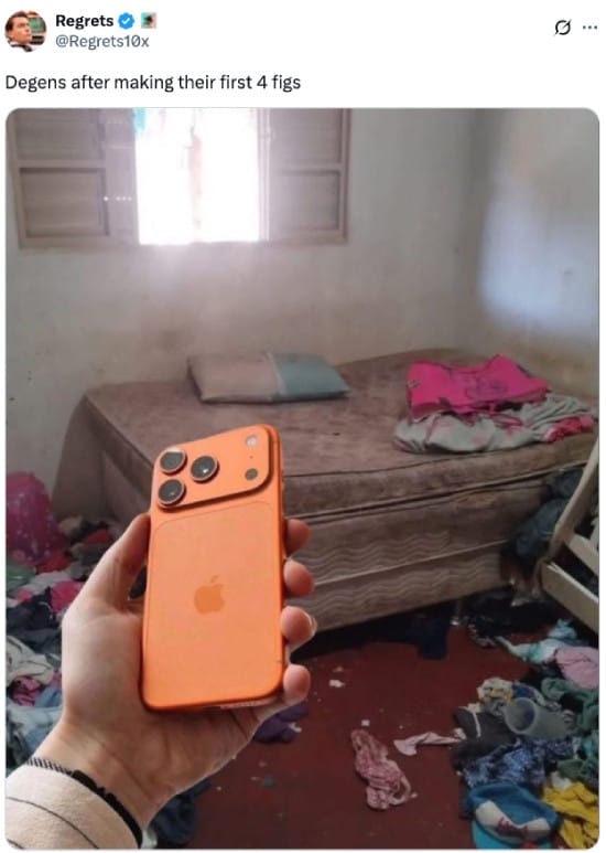 Meme about degens making money and still living in a mess