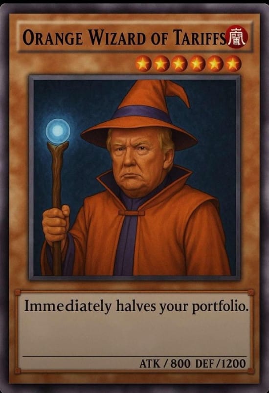 Meme about Donald Trump being a Yu-Gi-Oh! character who nukes the market with tariffs