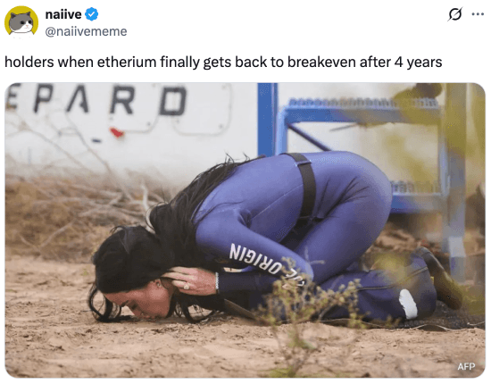 Meme about Ethereum being back to breakeven after 4 years